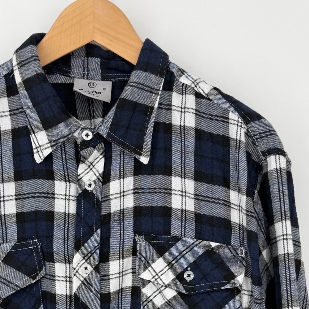 Centro Mens 2XL Flannel Shirt Navy Blue Black White Plaid Long Sleeve Button Up